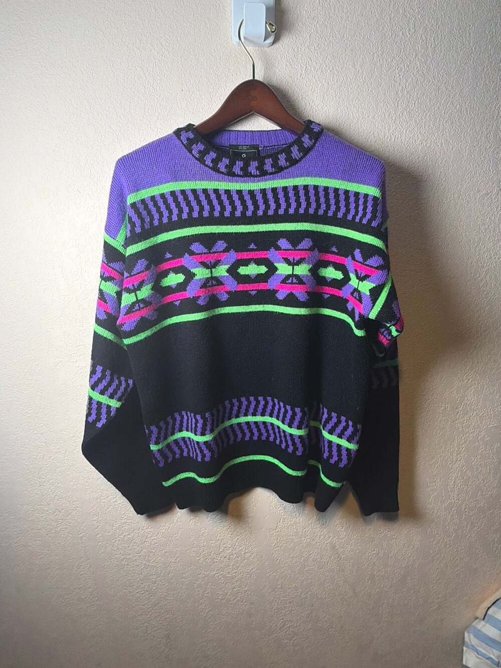 VTG Demetre Mens L Ski Sweater Wool Blend Geometric Neon Abstract USA